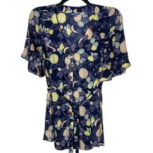 ModCloth Floral Blouse 1X Navy Button Front Tie Waist Boho Cottagecore Top